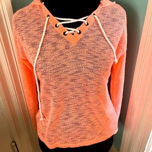 Beautiful Coral Sheer sweater with front tie and hood